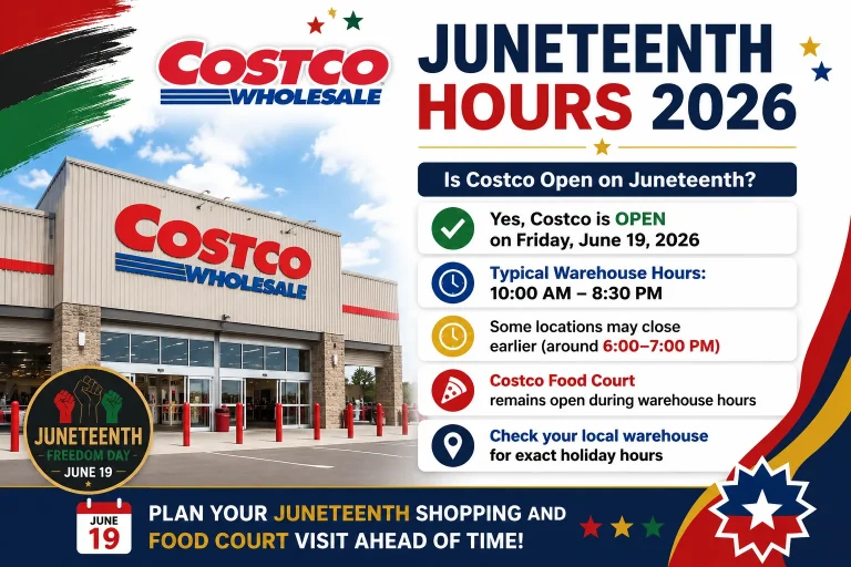 Yes, Costco is open on Juneteenth 2026. Because Costco does not include June 19 on its official list of holiday closures, all U.S. warehouses will remain open and operate under standard Friday business hours.