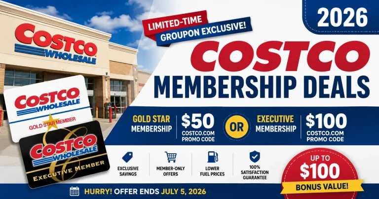 Costco Membership Deals 2026 featuring Groupon exclusive offer with Gold Star and Executive memberships, including $50 and $100 Costco.com promo codes for new members.